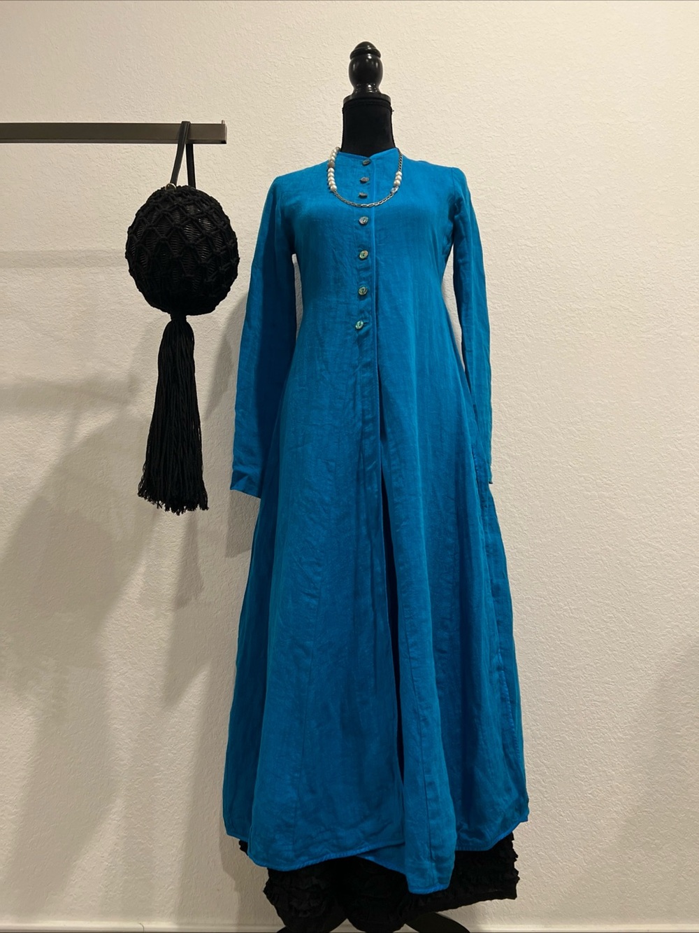 Long-Sleeve Teal Maxi Button-Front Dress